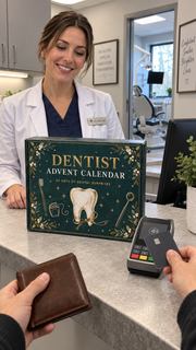 Dentist holding the Dentist Advent Calendar at a clean dental clinic checkout